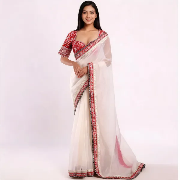 White_Organza_Silk_Embroidered_Saree_With_Blouse_Piece_For_Women