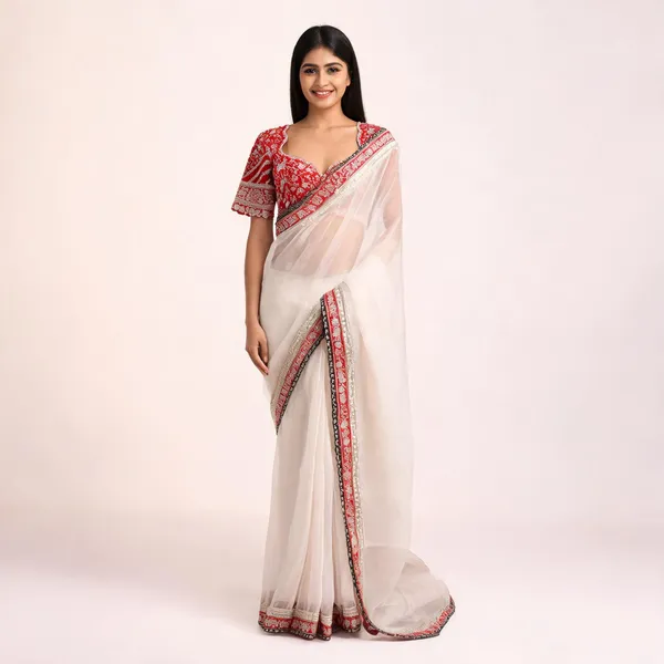 White_Organza_Silk_Embroidered_Saree_With_Blouse_Piece_For_Women