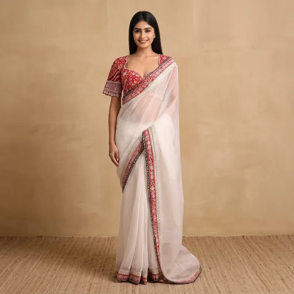 White_Organza_Silk_Embroidered_Saree_With_Blouse_Piece_For_Women