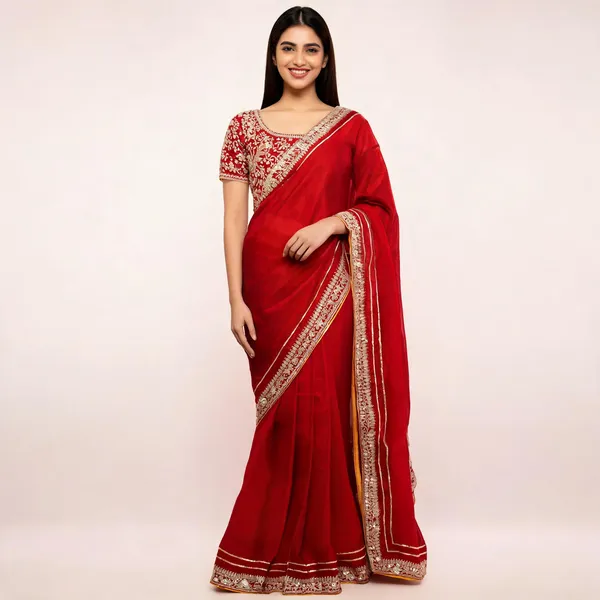 Red_Satin_Silk_Embroidered_Saree_With_Blouse_Piece_For_Women