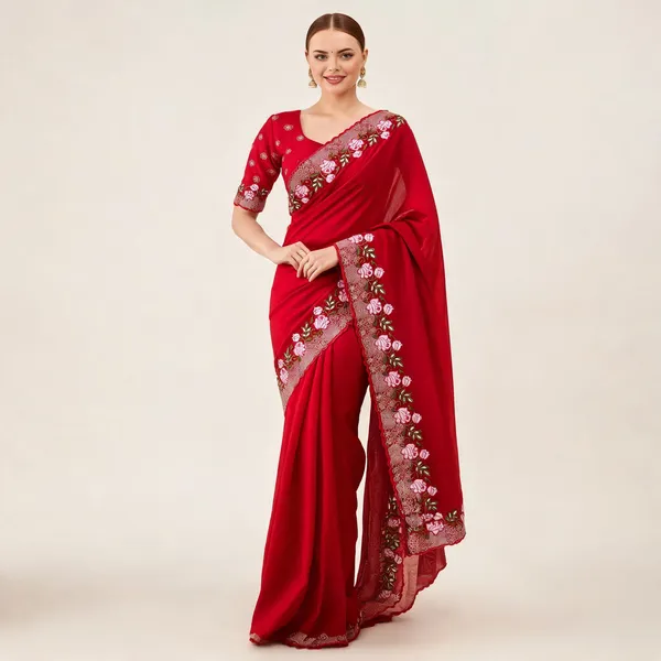 Red_Jimmy_Choo_Silk_Floral_Embroidered_Saree_With_Blouse_Piece_For_Women