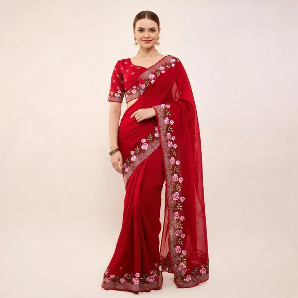 Red_Jimmy_Choo_Silk_Floral_Embroidered_Saree_With_Blouse_Piece_For_Women