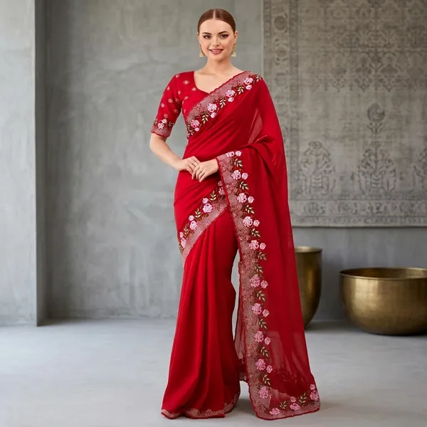 Red_Jimmy_Choo_Silk_Floral_Embroidered_Saree_With_Blouse_Piece_For_Women