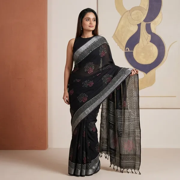 Black_Lilan_Cotton_Digital_Print_Saree_With_Blouse_Piece_For_Women