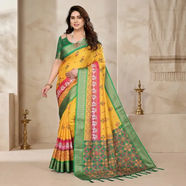 Yellow_Cotton_Silk_Traditional_Printed_Saree_With_Blouse_Piece_For_Women