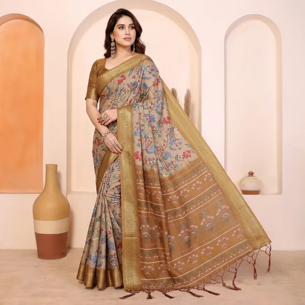 Brown_Cotton_Silk_Floral_Printed_Saree_With_Blouse_Piece_For_Women
