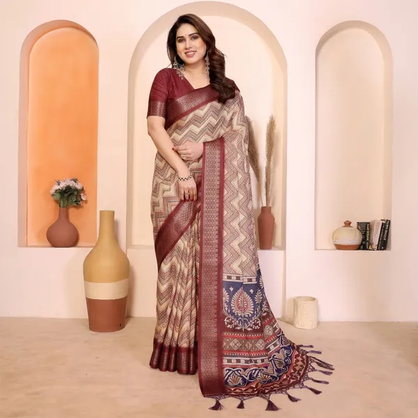 Maroon_Cotton_Silk_Geometric_Printed_Saree_With_Blouse_Piece_For_Women