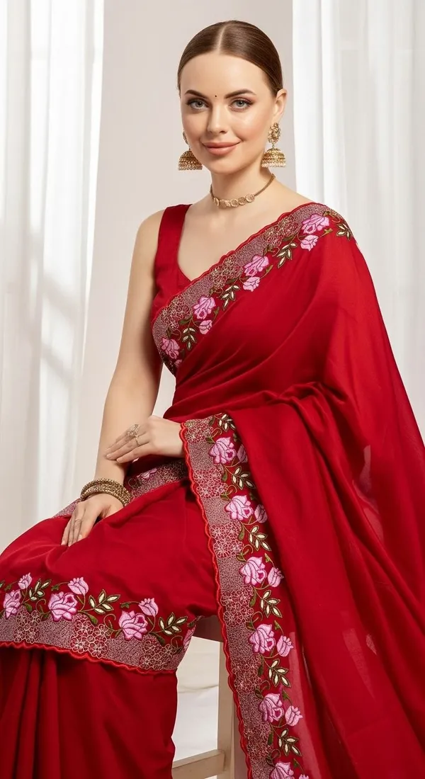 Red_Jimmy_Choo_Silk_Floral_Embroidered_Saree_With_Blouse_Piece_For_Women