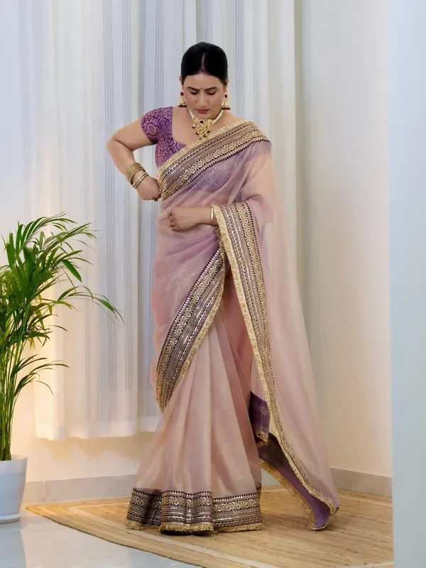 Peach_Twill_Net_Embroidered_Border_Saree_With_Blouse_Piece_For_Women