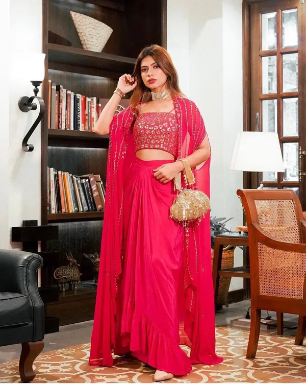 Pink_Georgette_Flared_Embellished_Lehenga_Choli_Set_For_Women