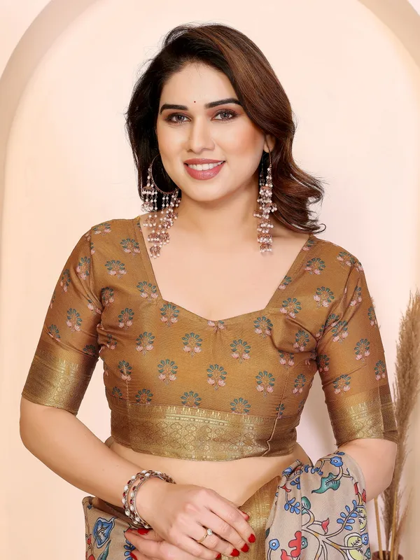 Brown_Cotton_Silk_Floral_Printed_Saree_With_Blouse_Piece_For_Women