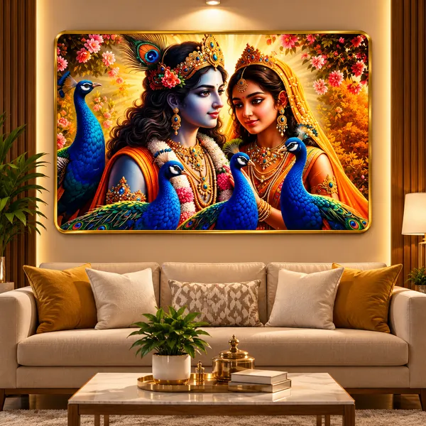 Mdf_Wood_Resin_Art_Radha_Krishna_Peacock_Golden_Border_Wall_Frame