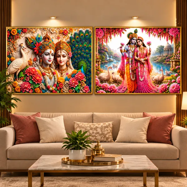 Mdf_Wood_Resin_Radha_Krishna_Peacock_Floral_Wall_Art_Frame_Set_Of_2