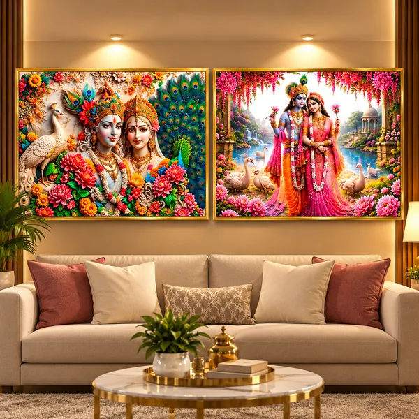 Mdf_Resin_Radha_Krishna_Peacock_Floral_Wall_Art_Frame_Set_Of_2