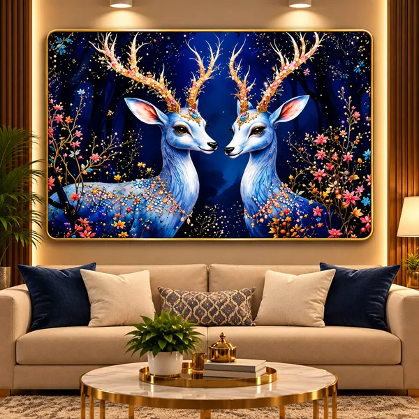 Mdf_Wood_Resin_Diamond_Art_White_Deer_Couple_Gold_Wall_Art_Frame