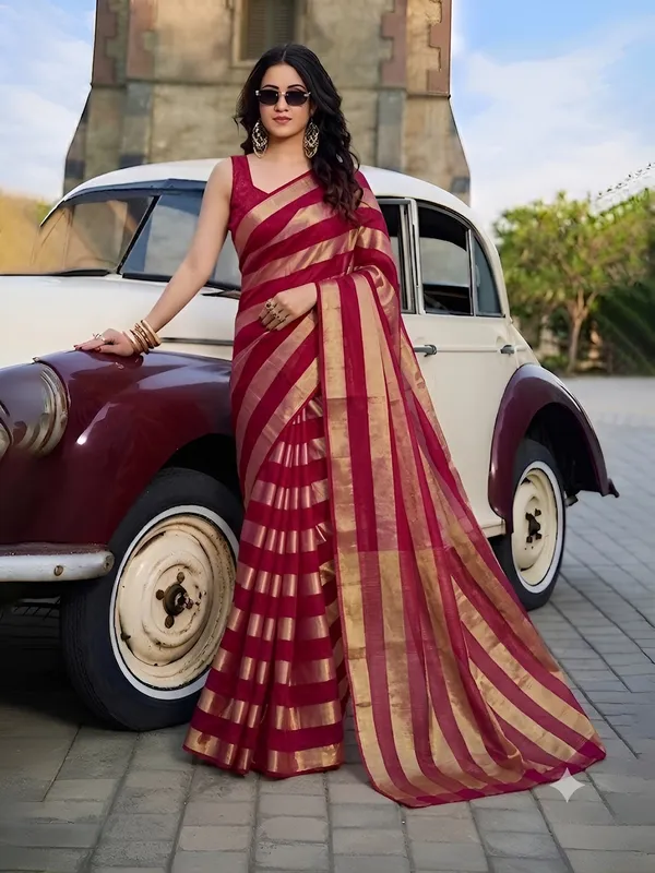 Maroon_Gold_Satin_Patta_Striped_Saree_With_Blouse_For_Women