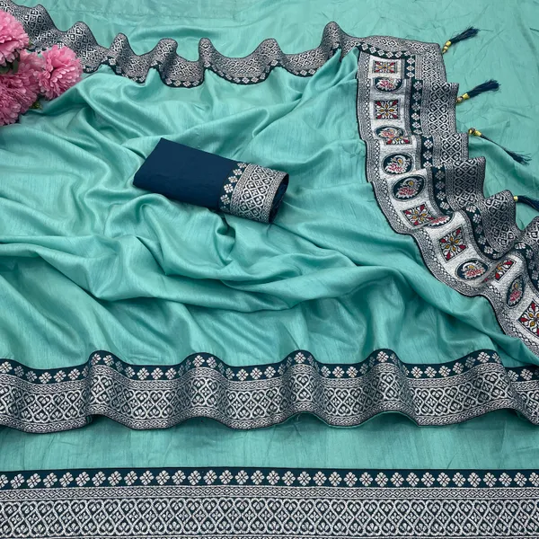 Turquoise_Dola_Silk_Saree_With_Blouse_For_Women