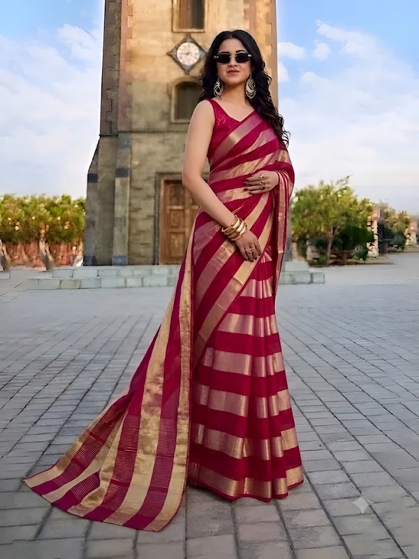 Maroon_Gold_Satin_Patta_Striped_Saree_With_Blouse_For_Women
