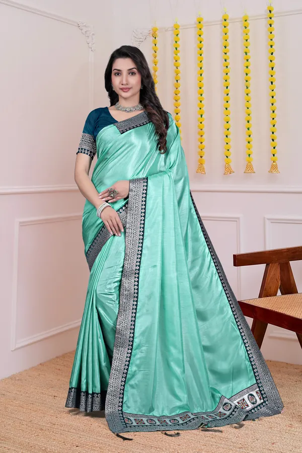 Mint_Green_Dola_Silk_Satin_Finish_Saree_With_Blouse_For_Women