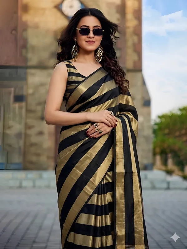 Black_Gold_Satin_Patta_Striped_Saree_With_Blouse_For_Women