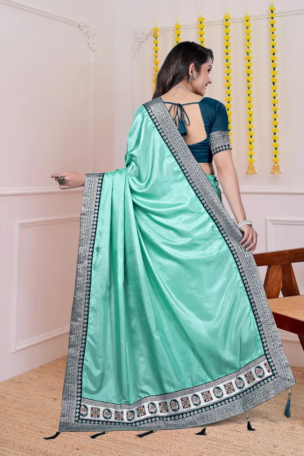 Mint_Green_Dola_Silk_Satin_Finish_Saree_With_Blouse_For_Women