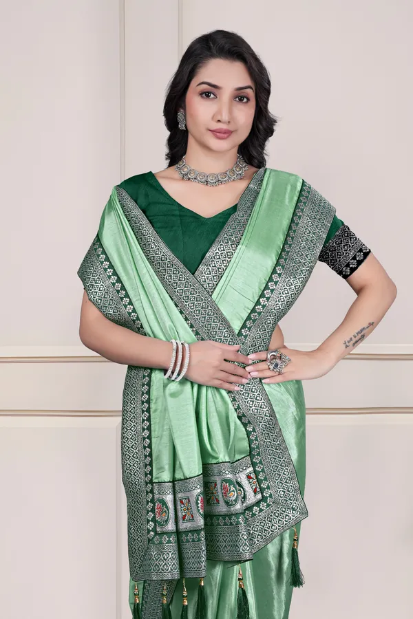 Mint_Green_Dola_Silk_Shimmer_Saree_With_Blouse_For_Women