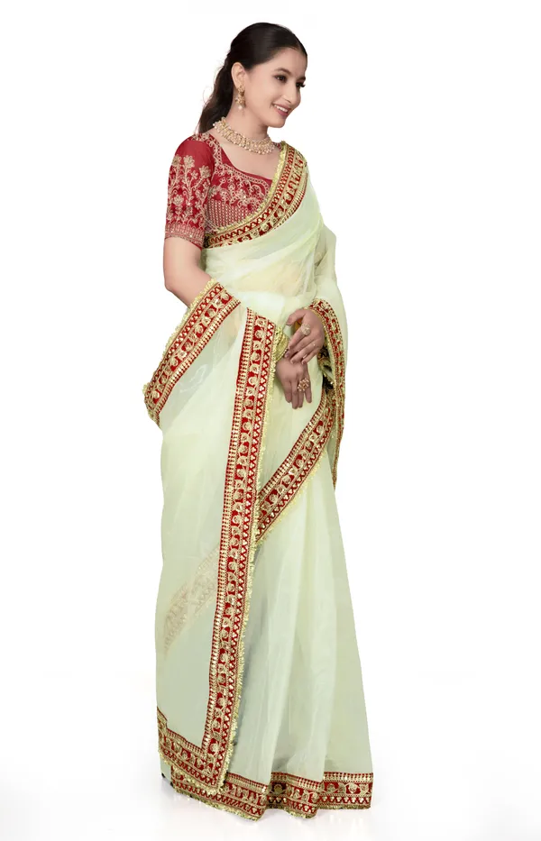 White_Maroon_Twill_Net_Embroidered_Saree_With_Blouse_For_Women