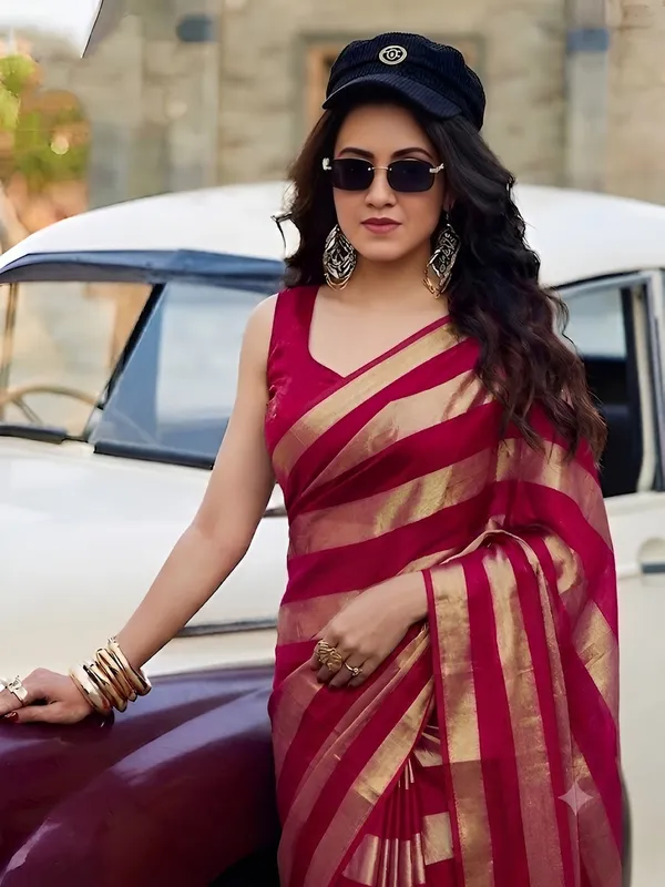 Maroon_Gold_Satin_Patta_Striped_Saree_With_Blouse_For_Women