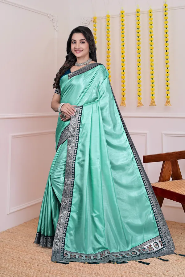Mint_Green_Dola_Silk_Satin_Finish_Saree_With_Blouse_For_Women