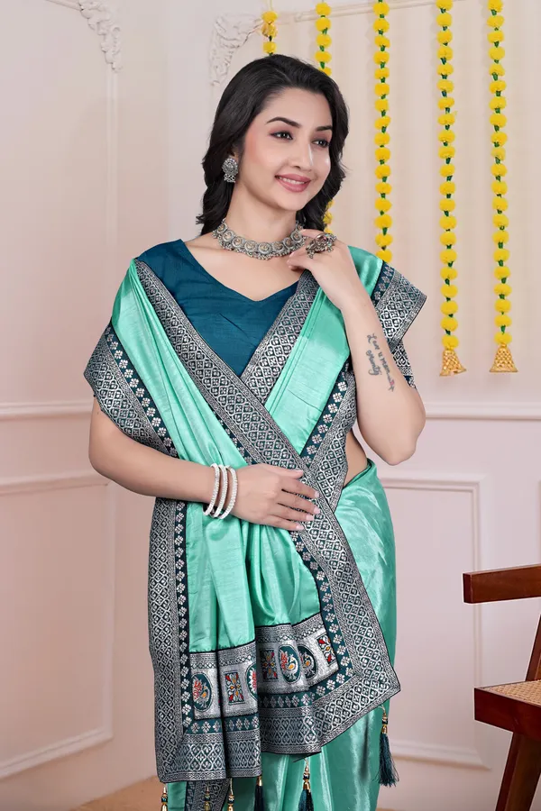 Mint_Green_Dola_Silk_Satin_Finish_Saree_With_Blouse_For_Women