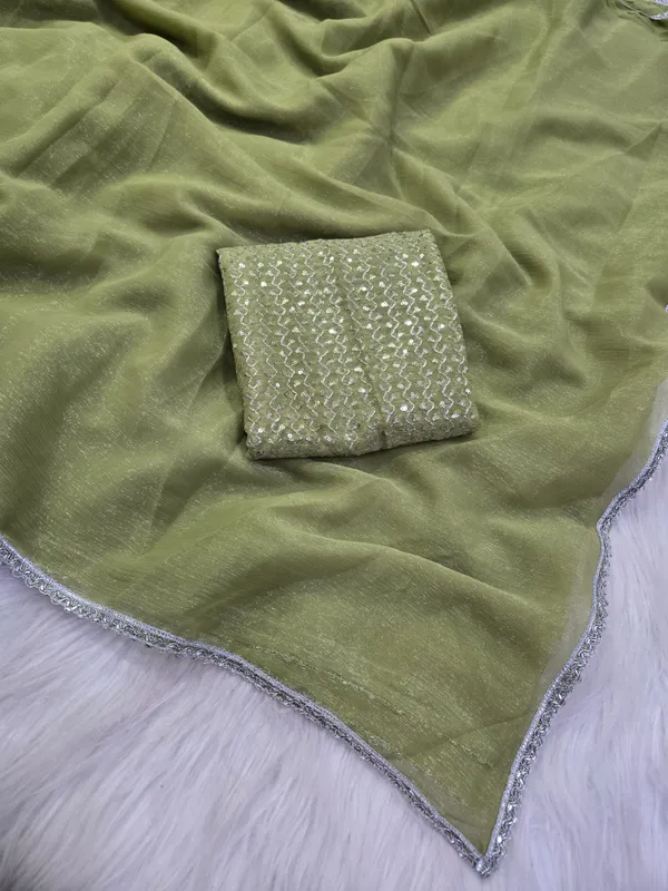 Olive_Green_Shimmer_Silk_Embellished_Saree_With_Blouse_For_Women
