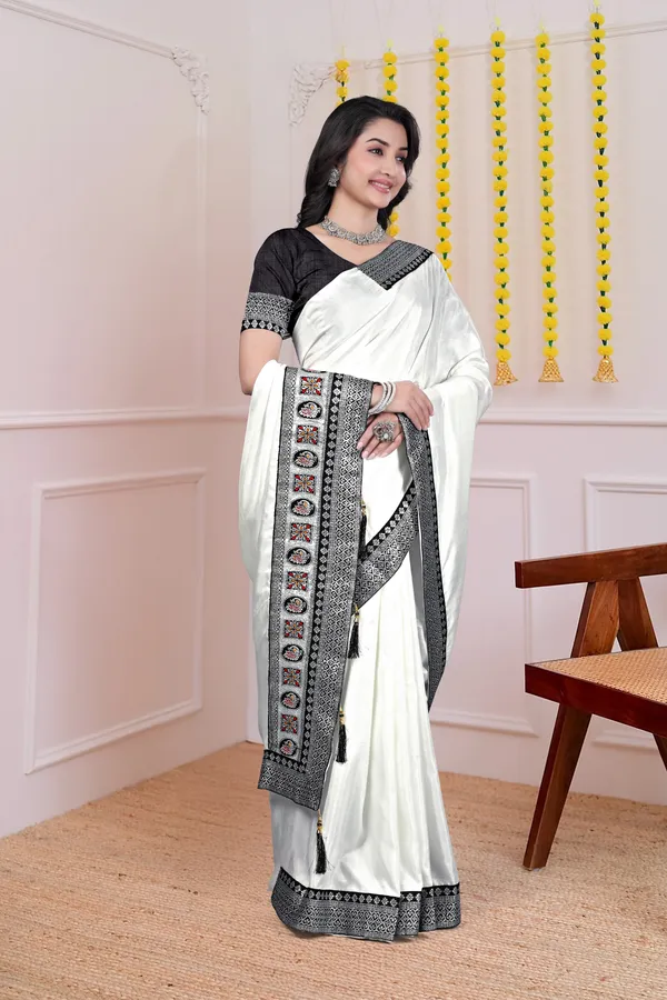 White_Black_Border_Dola_Silk_Saree_With_Blouse_For_Women