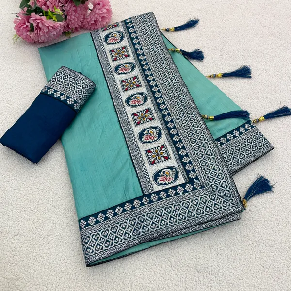 Turquoise_Dola_Silk_Saree_With_Blouse_For_Women