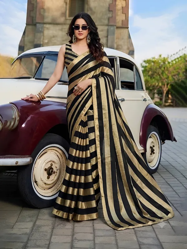 Black_Gold_Satin_Patta_Striped_Saree_With_Blouse_For_Women