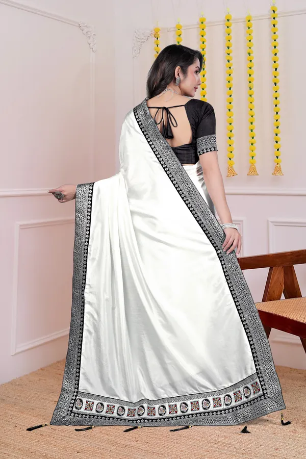 White_Black_Border_Dola_Silk_Saree_With_Blouse_For_Women