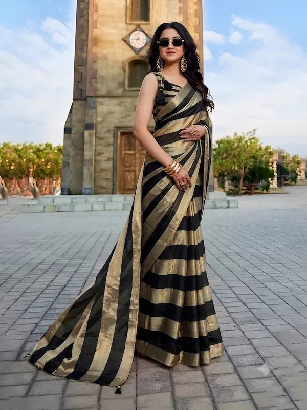 Black_Gold_Satin_Patta_Striped_Saree_With_Blouse_For_Women