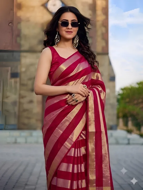 Maroon_Gold_Satin_Patta_Striped_Saree_With_Blouse_For_Women