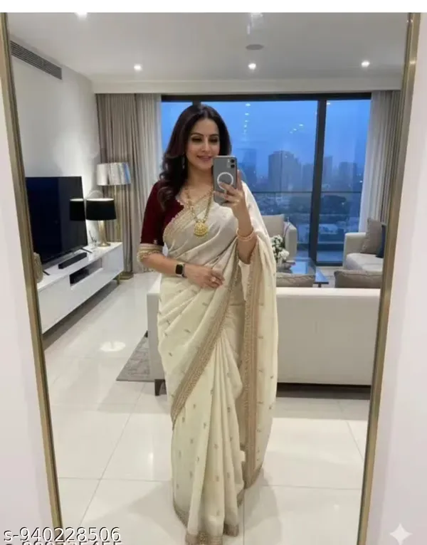 Cream_Satin_Silk_Embroidered_Saree_With_Blouse_For_Women