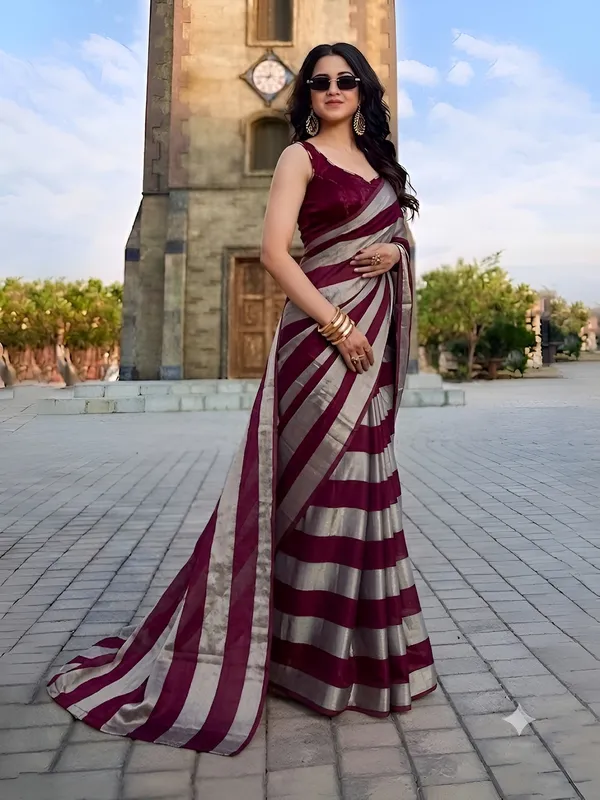 Wine_Gold_Satin_Patta_Striped_Saree_With_Blouse_For_Women