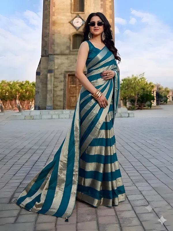 Sky_Gold_Satin_Patta_Striped_Saree_With_Blouse_For_Women