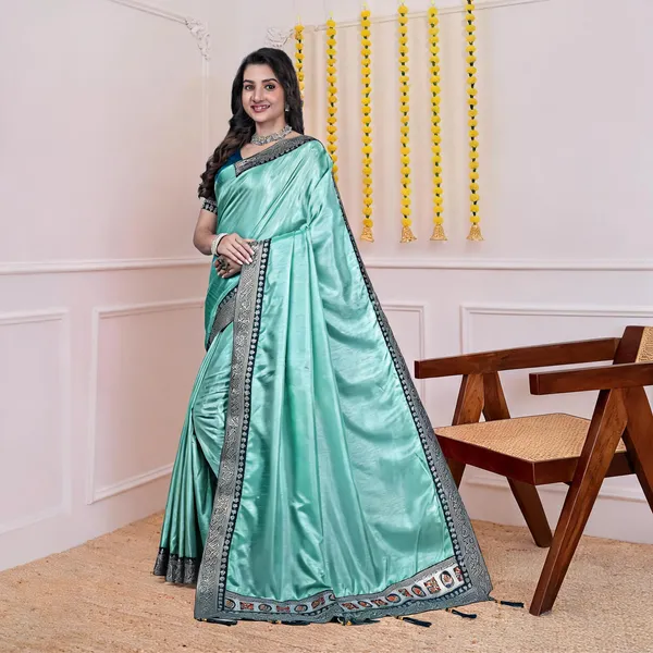 Mint_Green_Dola_Silk_Satin_Finish_Saree_With_Blouse_For_Women
