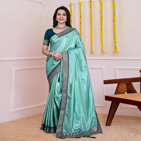 Mint_Green_Dola_Silk_Satin_Finish_Saree_With_Blouse_For_Women