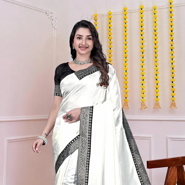 White_Black_Border_Dola_Silk_Saree_With_Blouse_For_Women
