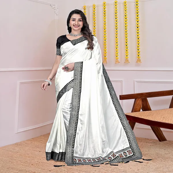 White_Black_Border_Dola_Silk_Saree_With_Blouse_For_Women