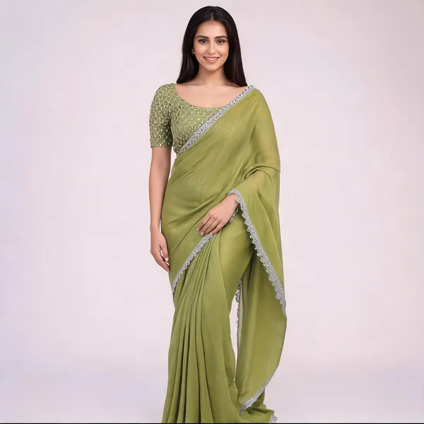 Olive_Green_Shimmer_Silk_Embellished_Saree_With_Blouse_For_Women
