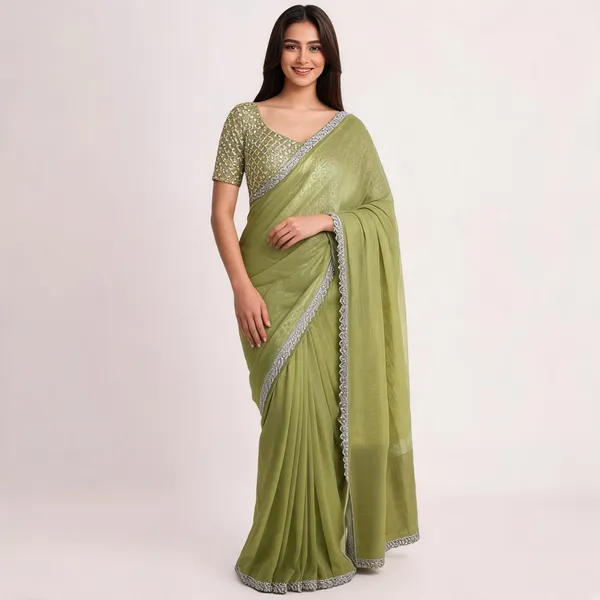 Olive_Green_Shimmer_Silk_Embellished_Saree_With_Blouse_For_Women