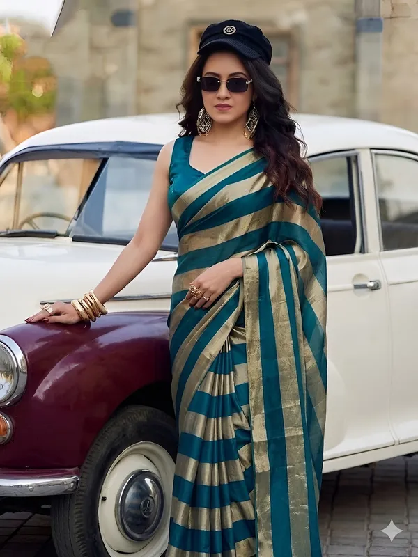 Sky_Gold_Satin_Patta_Striped_Saree_With_Blouse_For_Women