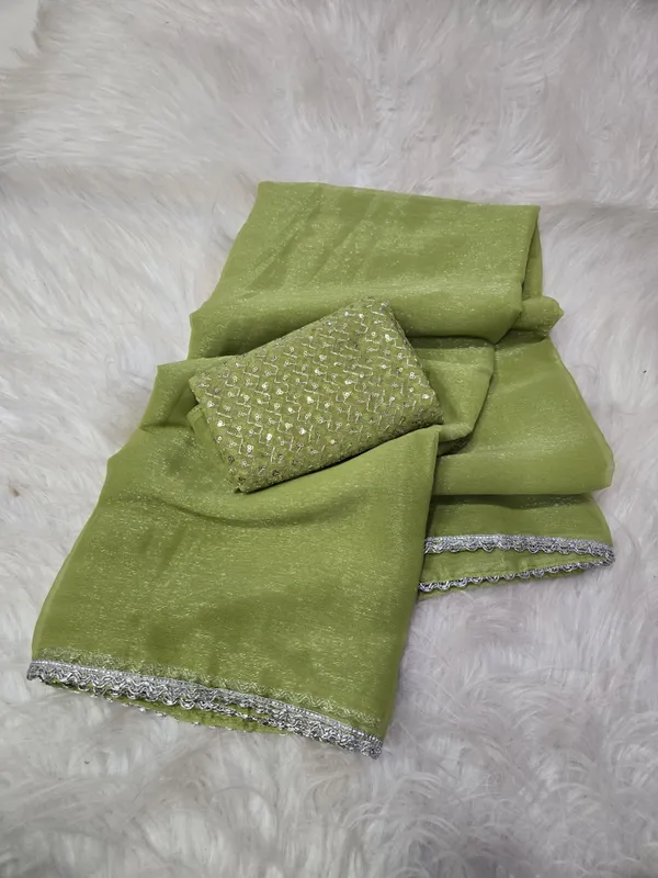 Olive_Green_Shimmer_Silk_Embellished_Saree_With_Blouse_For_Women