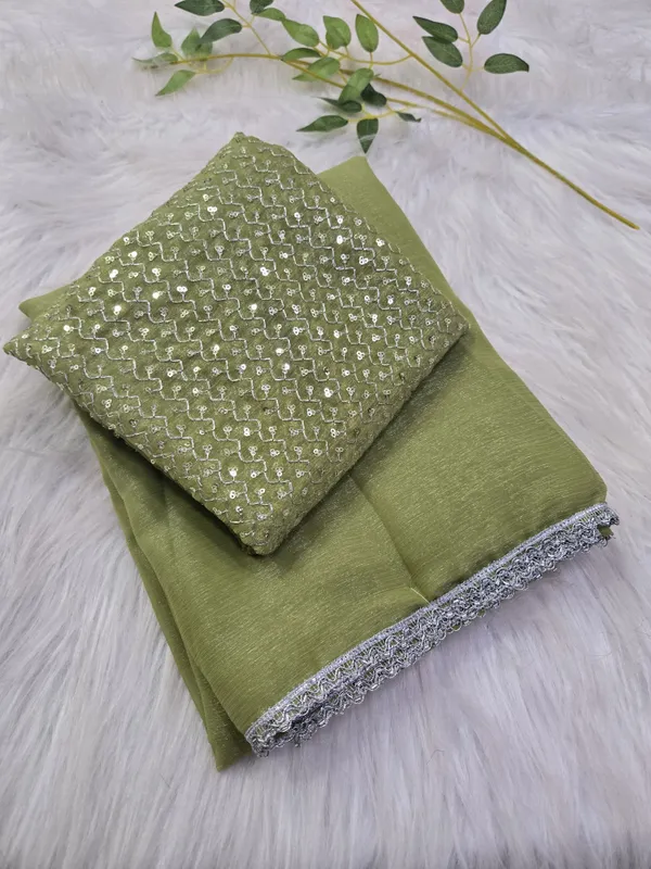 Olive_Green_Shimmer_Silk_Embellished_Saree_With_Blouse_For_Women