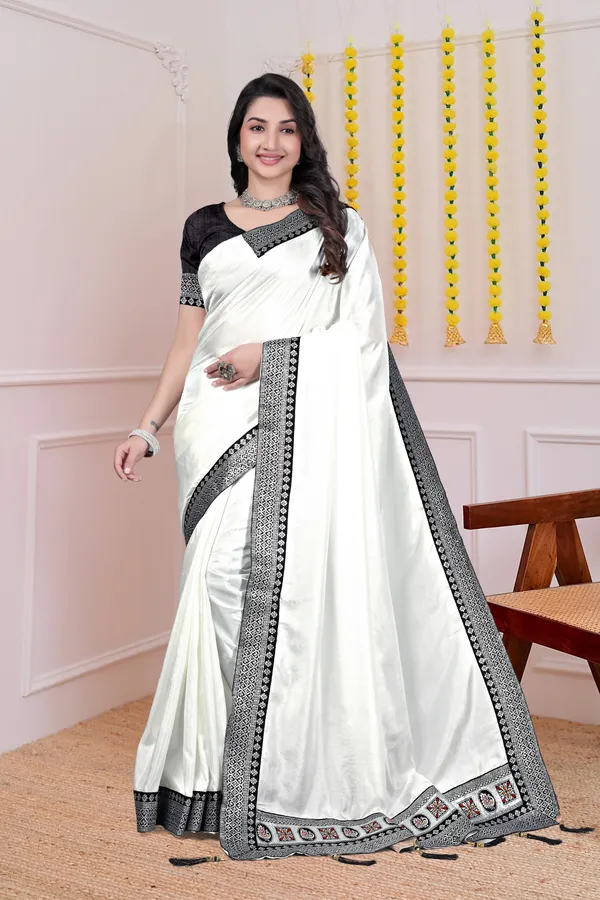 White_Black_Border_Dola_Silk_Saree_With_Blouse_For_Women